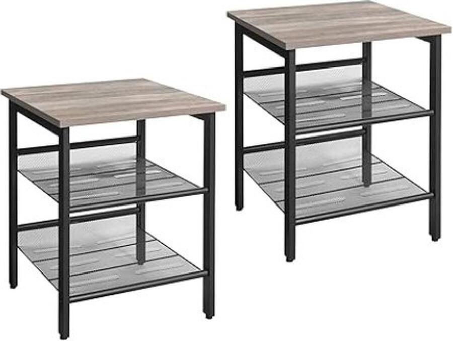 ZAZA Home Bijzettafelset nachtkastje set van 2 industriële nachtkastafels met verstelbare maasplanken woonkamer slaapkamer gang kantoor stal greige en zwart
