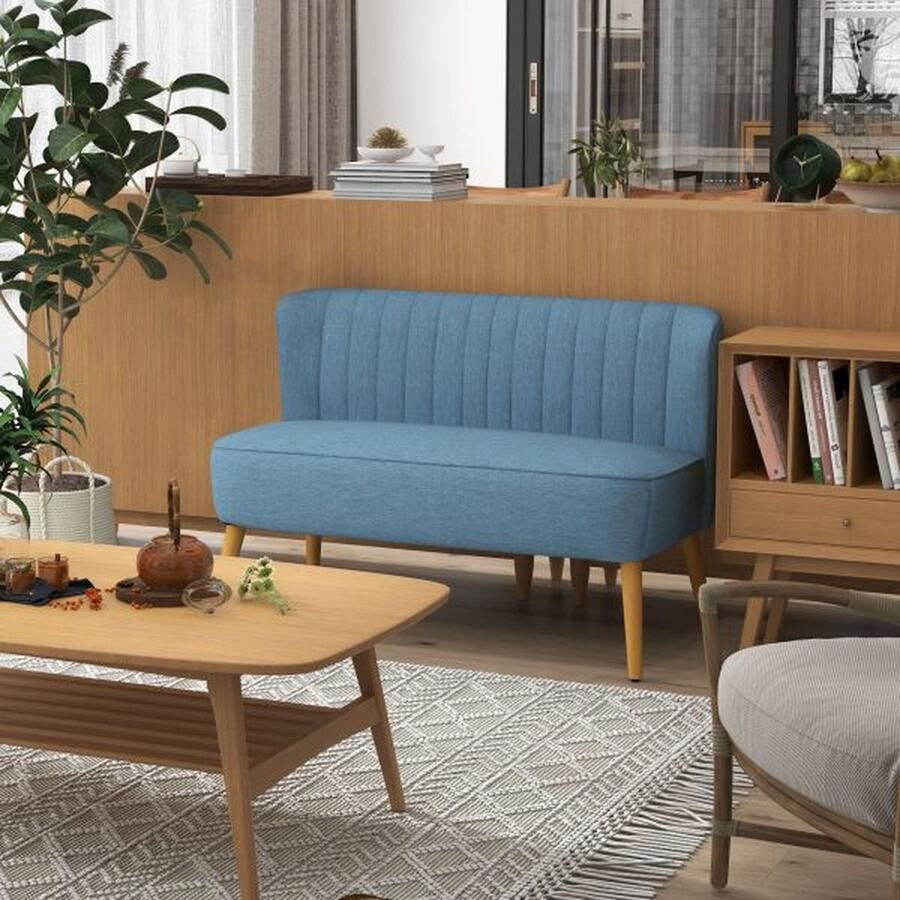 ZAZA Home Blauwe Loveseat met Leinenoptiek en Houten Poten 2-Zitsbank tot 150 kg Belastbaar 117 x 56 5 x 77 cm