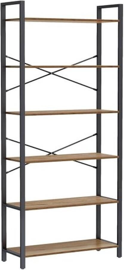 ZAZA Home Boekenkast 6 niveaus staand rek met stalen frame vrijstaand rek voor woonkamer slaapkamer werkkamer 30 x 80 x 186 cm industrieel design donkerwalnoot-zwart LLS082B48