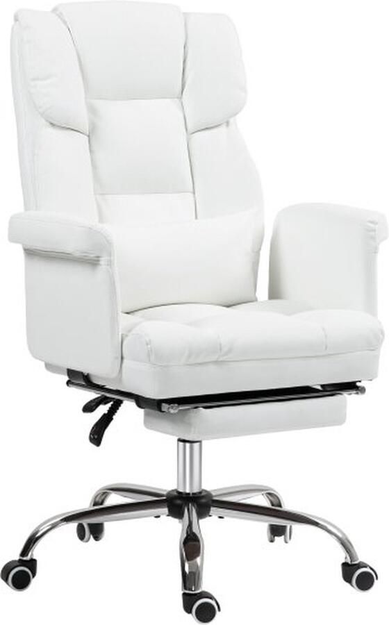 ZAZA Home bureaustoel-ergonomische-ligfunctie-lendenkussen-hoogte-verstelbare-computerstoel-voetsteun-draaifunctie-thuiskantoor-kunstleer-wit