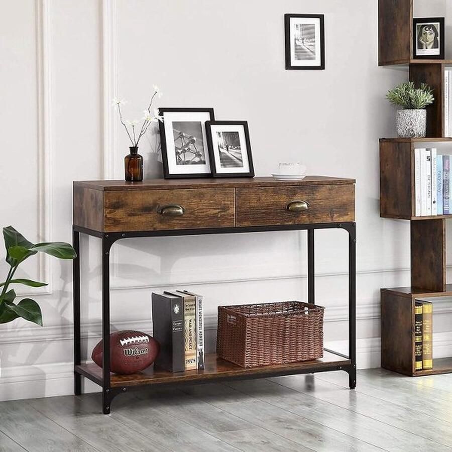 ZAZA Home consoletafel in industrieel design hal tafel met 2 lades en plank dressoir met stevig metalen frame woonkamer gang lobby houtlook vintage LNT39X - Foto 2
