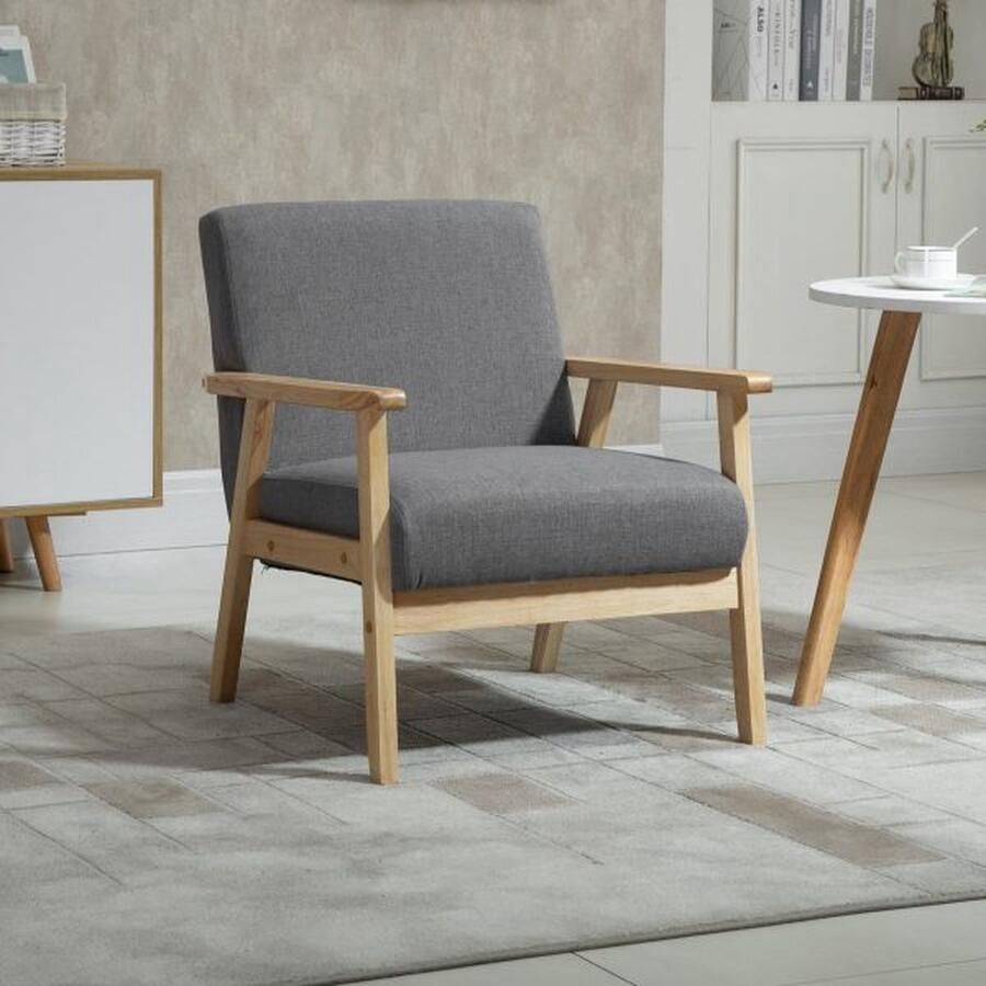 ZAZA Home Draag stoel lounge stoel met armleuningen eetkamerstoel ontspanningsfauteuil in linnen uiterlijk bekleding fauteuil massief houten frame grijs 64 x 70 x 72 cm