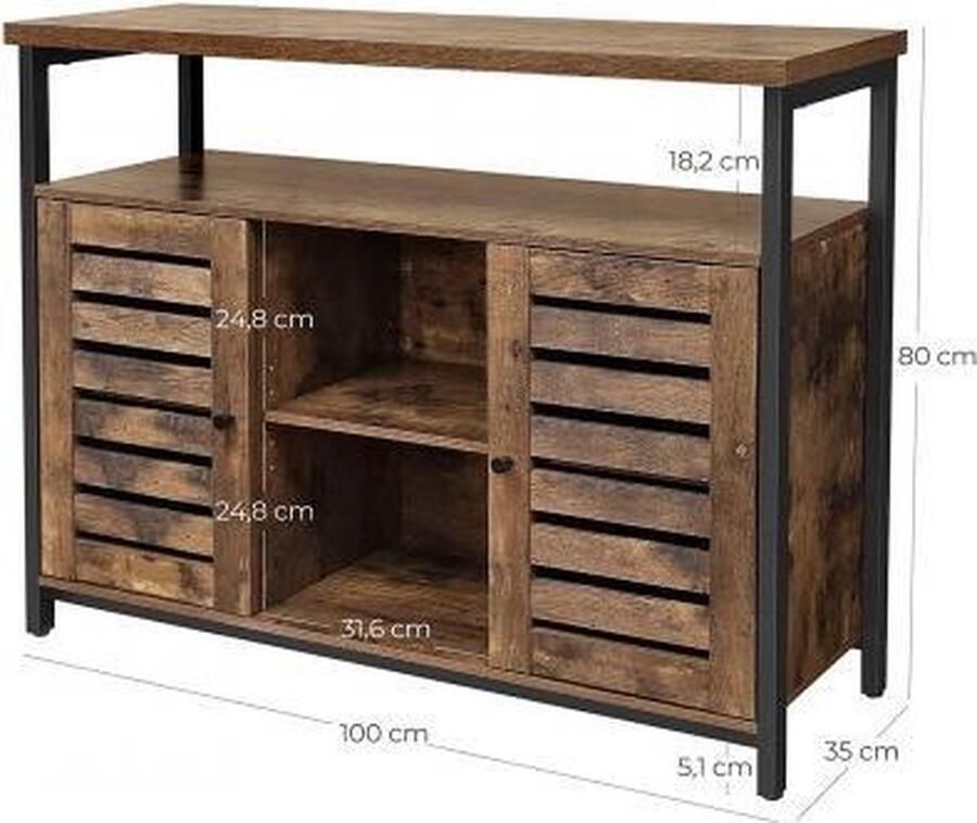 ZAZA Home Dressoir zijkast keukenkast met open planken gangkast ladekast met lamellaire deuren woonkamer eetkamer kantoor hal industrieel design vintage donkerbruin LSC79BX