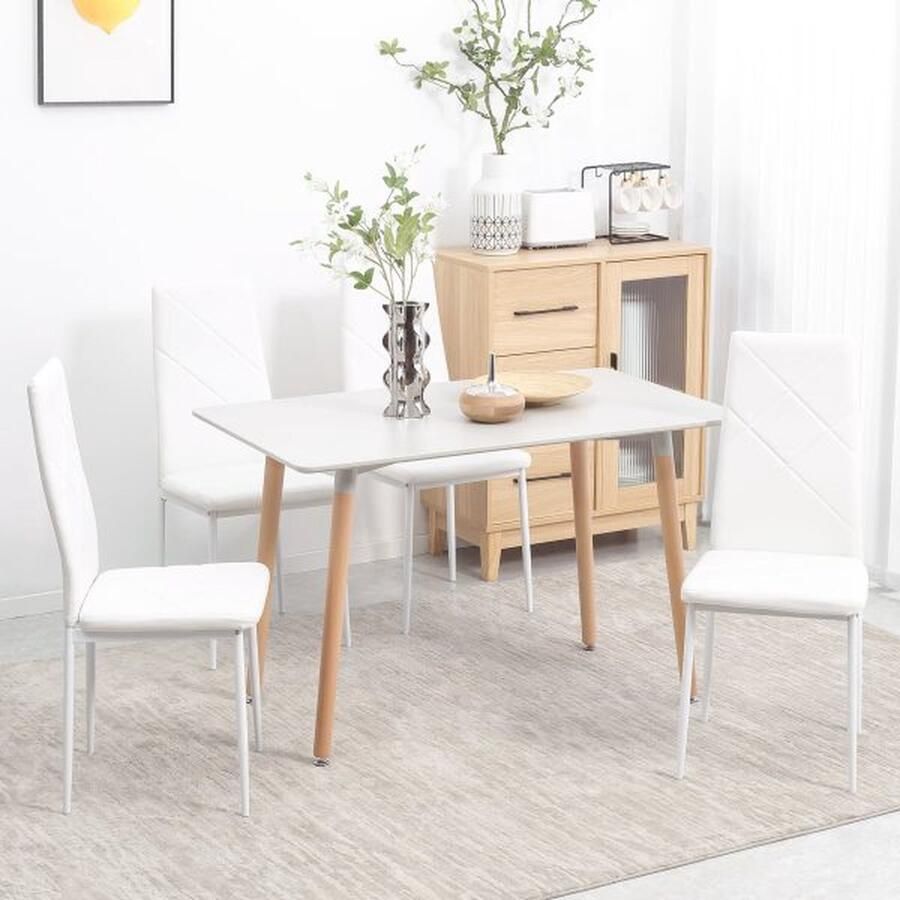 ZAZA Home Eetkamer 4-set keukenstoel gewatteerde eetkamerstoelen eetkamerstoel gestoffeerde stoel met stalen benen synthetisch leer wit