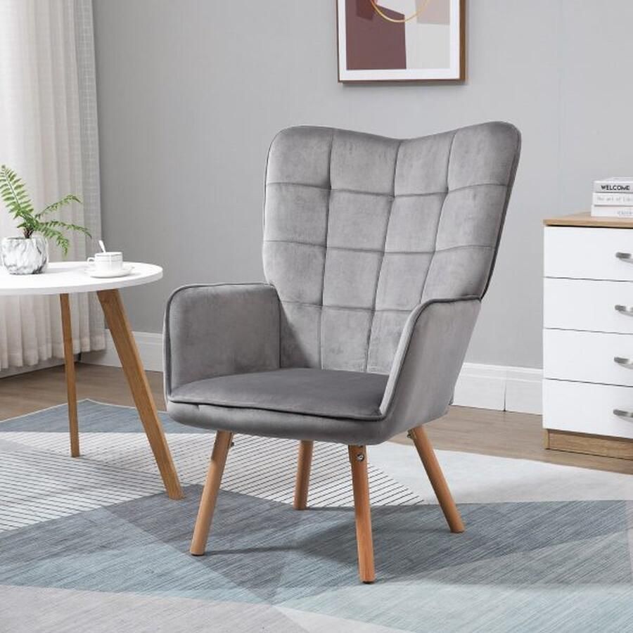 ZAZA Home Woonkamer stoel eetstoel fauteuil met rugleuning armleuningen fluweel -achtige polyester schuim beuk houtgrijs+natuur 71 x 76 x 101 cm