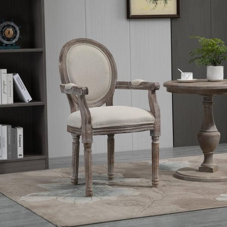 ZAZA Home Eetkamerstoel retro ontwerp keukenstoel met armleuning bekledingstoel voor woonkamer rubber hout crème wit+ fel houten kleur 56 x 55 5 x 96 cm