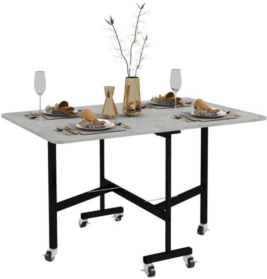 ZAZA Home folding-dining-table-met-wieltjes-en-uitklapbaar-blad-grijs-zwart