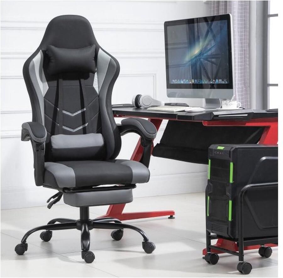 ZAZA Home Gamingstoel ergonomische bureaustoelhoogte verstelbare massage lumbale kussens met voetsteunen zwart