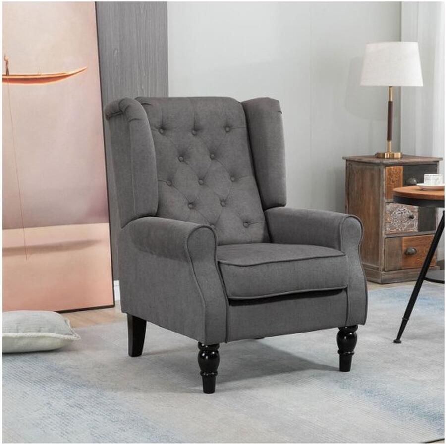 ZAZA Home Individuele leunstoel ontspannen vleugelstoel enkele stoel accent fauteuil met tuft houten voeten polyester donkergrijs 74 x 86 x 102 cm