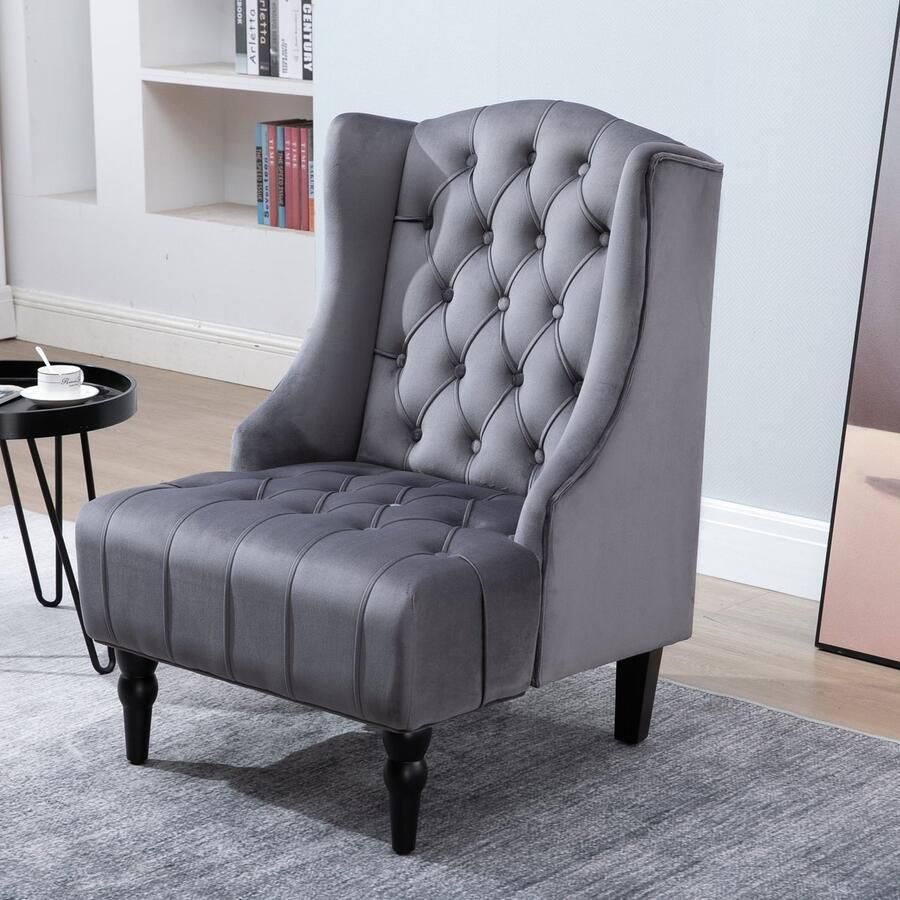 ZAZA Home Individuele leunstoel ontspannen fauteuil met tuften verhoogde benen fluweel grijs 67 x 70 5 x 97 cm