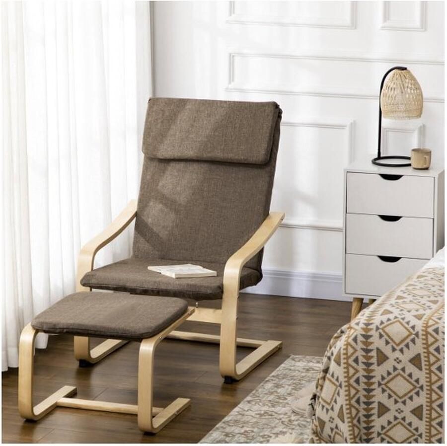 ZAZA Home Ontspan leunstoel met voetkruk vleugelstoel met kruk eetkamerstoel met linnen deksel voor woonkamer bruin 67 x 72 x 100 cm