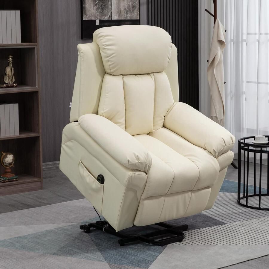 ZAZA Home Fauteuil met stand-up hulpmiddel elektrische ontspanningsfauteuil nei-barer tv-fauteuil met afstandsbediening gemaakt van synthetisch leer crème 93 x 96 x 105 cm