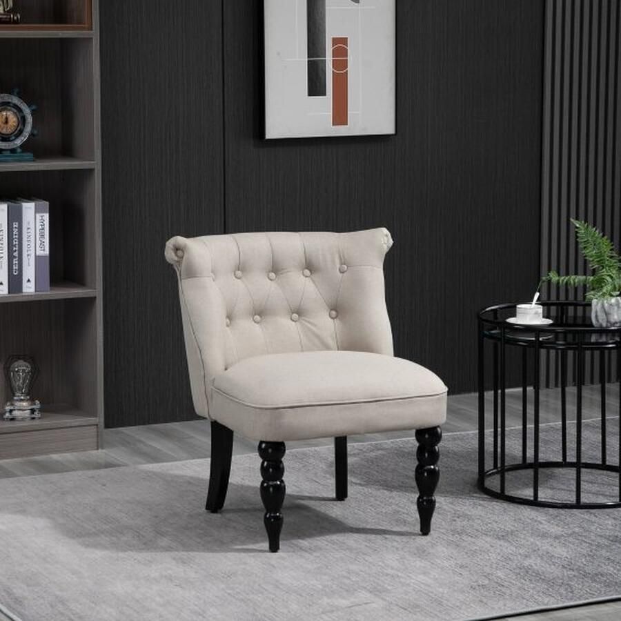 ZAZA Home Ontspan leunstoel vintage ruststoel ontspannen stoel bekleding fauteuil eetkamer linnen deksel houten frame beige+zwart 67 x 67 x 78 cm