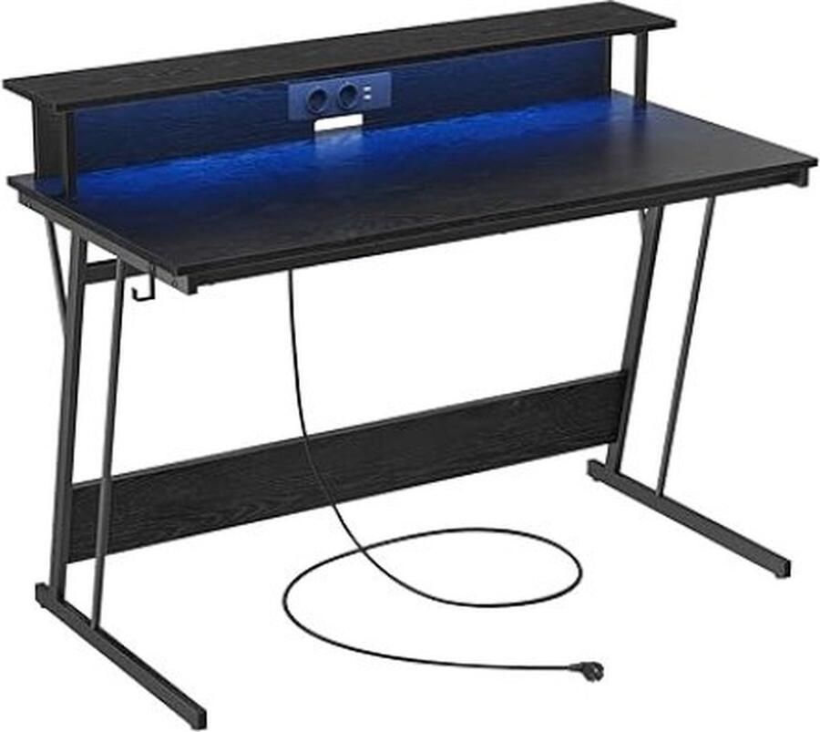 ZAZA Home Gamingtafel met ledverlichting bureau met ingebouwde stekkerdoos computertafel monitorstandaard voor 2 monitoren slaapkamer 60 x 120 x 76 cm klassiek zwart