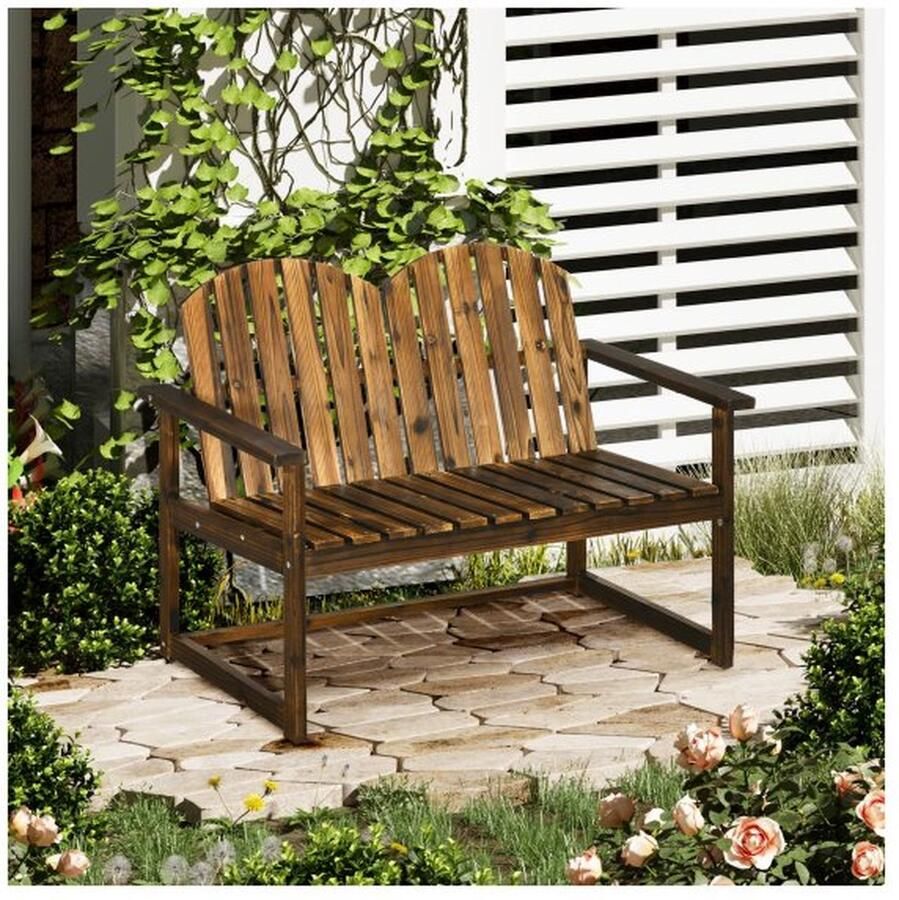 ZAZA Home Gartenbank 2-Sitzer Sitzbank Holzbank mit Rückenlehne Armlehne Parkbank bis 240 kg belastbar für Garten Balkon Verkohlt 114 x 63 x 86 cm