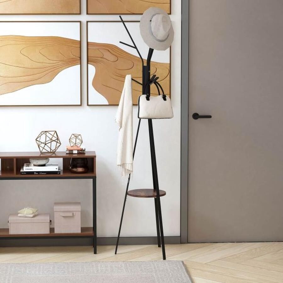 ZAZA Home Glakroomstandaard kledingrekken met 8 haken garderobe met plank lust voor een standaard voor kleding hoeden tassen metaal bruin 45 x 45 x 180 cm