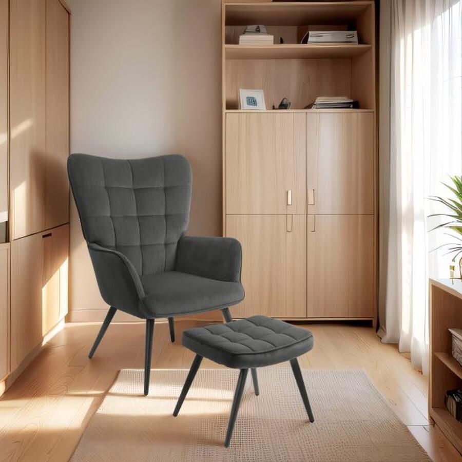 ZAZA Home Grijze fauteuil met kruk en fluweelachtige bekleding geschikt voor woonkamer tot 120 kg