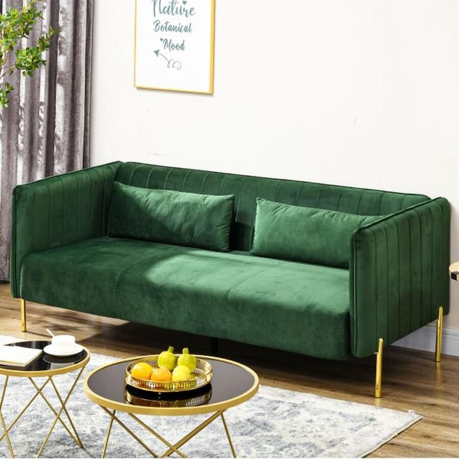 ZAZA Home Groene 3-zitsbank met armleuningen bekleed met fluweel-look stof inclusief 2 zitkussens 200 x 88 x 76 cm