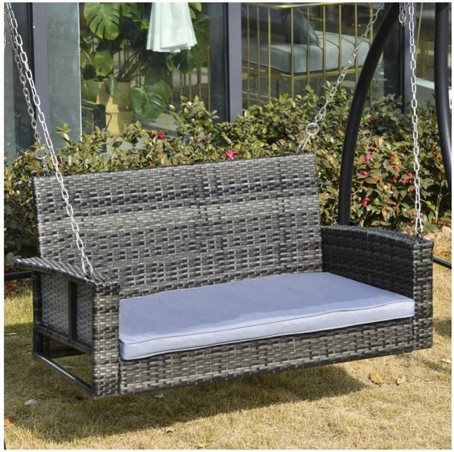 ZAZA Home Hansbank 2-zits Rattan Garden Swing met zitkussen Hänschukele Hollywood Swing Rocking Bench Garden Bank Gray 127 x 57 5 ​​x 60 cm