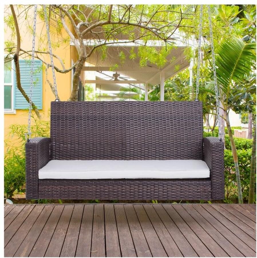ZAZA Home Hansbank 2-zits Rattan Garden Swing met zitkussen Hänschukele Hollywood Swing Rocking Bench Garden Bank Brown 127 x 57 5 ​​x 60 cm