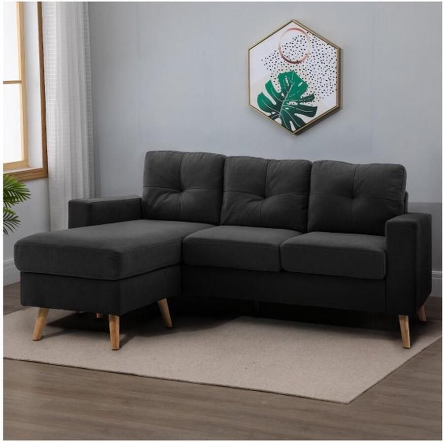 ZAZA Home Ecksofa Eckcouch in L-Form Eckgarnitur in Leinenoptik Couchgarnitur mit Chaiselongue für 3 Personen Stoffsofa für Wohnzimmer Schwarz 193 x 136 x 85 cm
