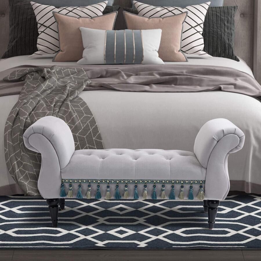 ZAZA Home Luxe bank bed kruk gestoffeerde bank houten bank polyester rubberen schuim grijs 117 x 40 x 58 cm