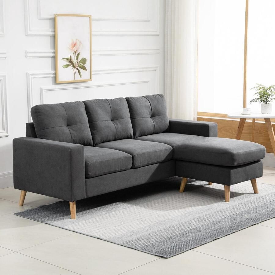 ZAZA Home Hoekbank grijze hoekbank in l-vormige hoek ingesteld in linnen look bank set met chaiselongue voor 3 personen stoffen sofa 93 x 136 x 85 cm