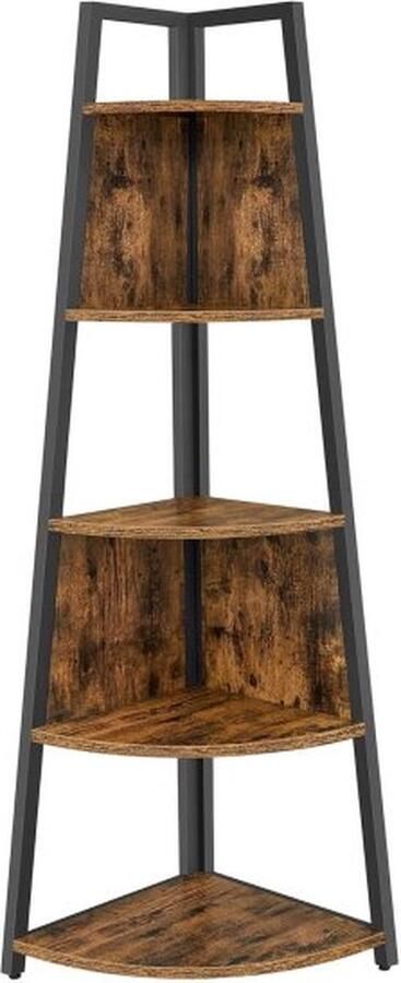 ZAZA Home Hoekrek boekenkast met 5 planken staand rek voor slaapkamer woonkamer werkkamer vintage bruin en zwart