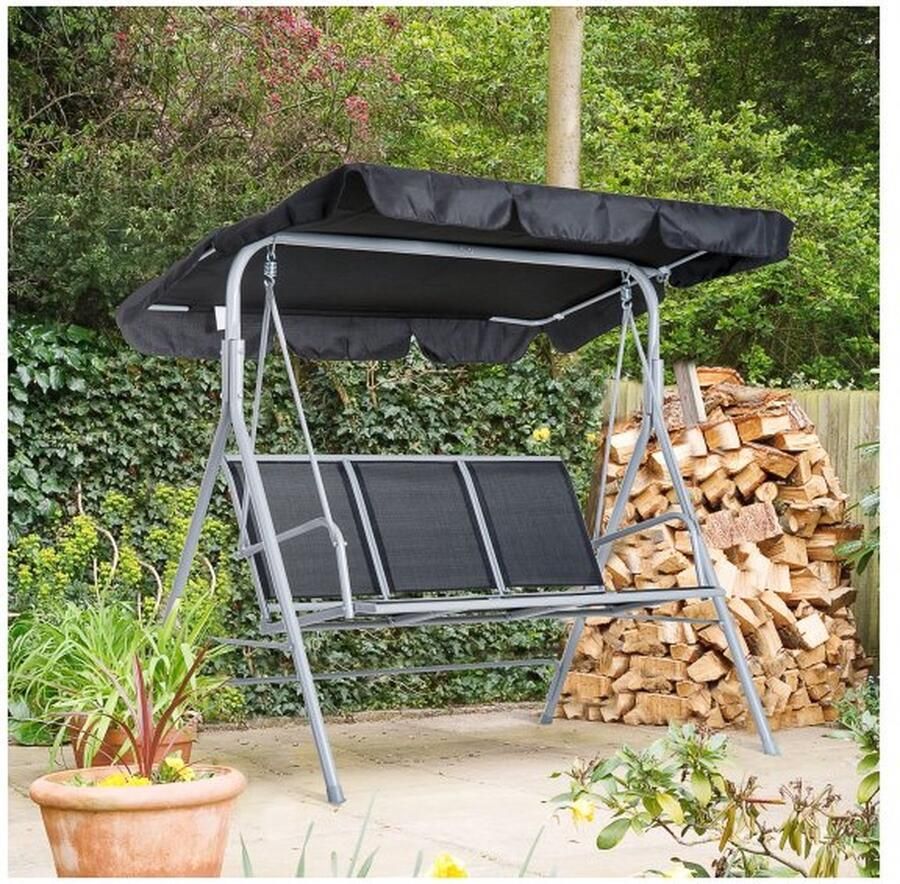 ZAZA Home Hollywood swing 3-zits tuin swing rockende bank met dakmetaal zwart+zilver 171 x 108 x 154 cm