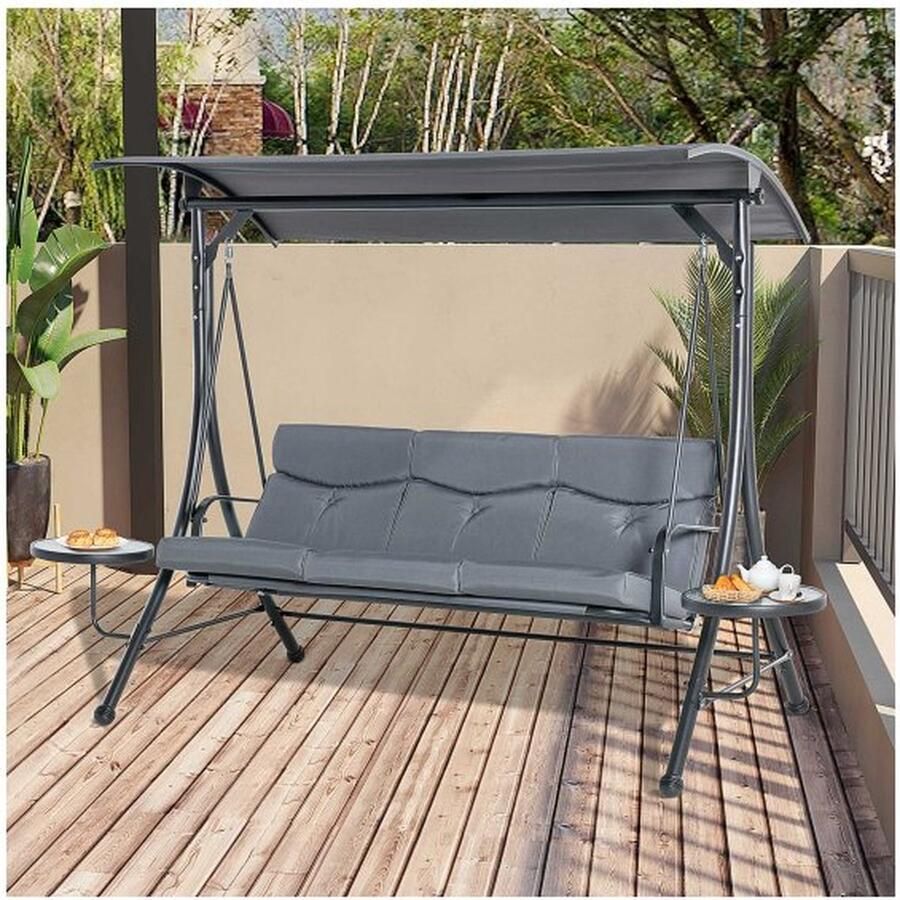 ZAZA Home Hollywood Swing 3-zits tuin Swing Rocking Bench met verstelbaar zonnedak TEASTIC stalen polyester grijs+zwart 271 x 125 x 177 cm