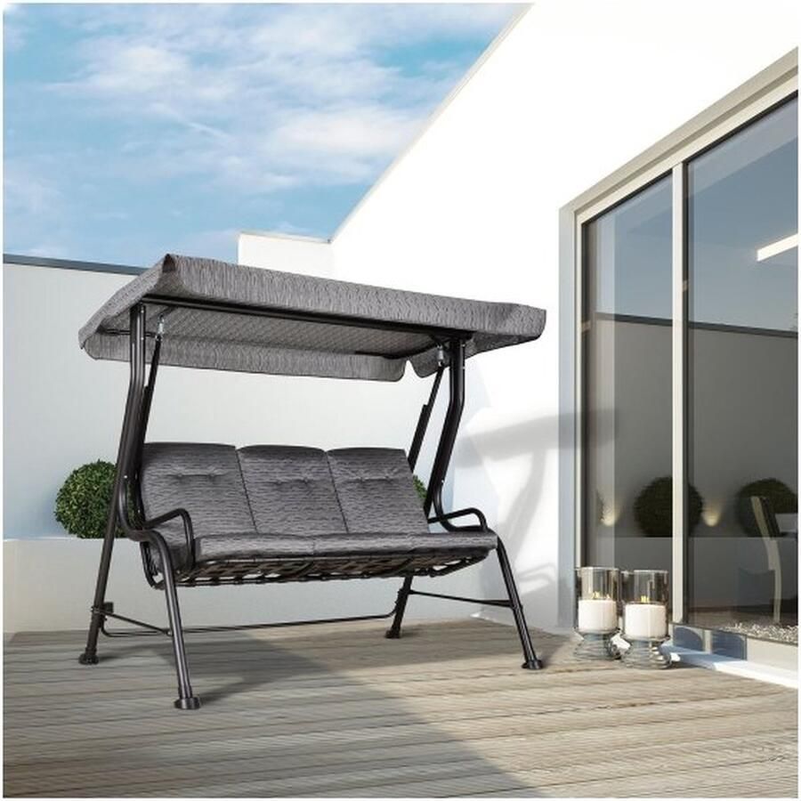 ZAZA Home Hollywood Swing 3-zits tuinschommel verstelbaar zonnedak tekstlijn grijs 200 x 120 x 170 cm
