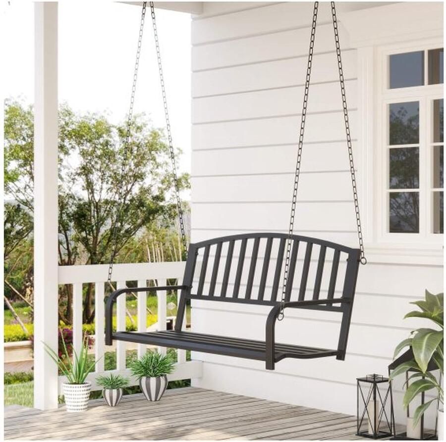 ZAZA Home Hollywood Swing Garden Swing Hänbank 2-zits schommelbank met ketens metaal zwart 127 x 60 x 53 cm