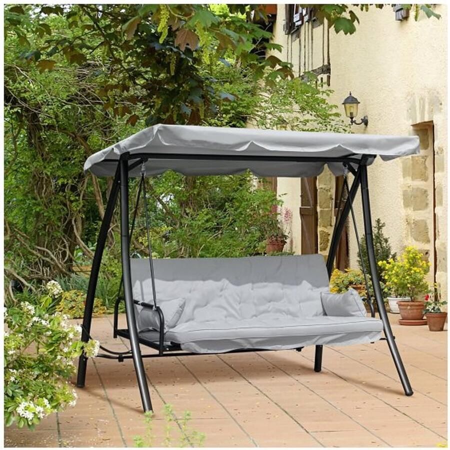 ZAZA Home Hollywood Swing Garden Swing schommelende bank met een ligstoelfunctie 3 zitten metaal+polyester wit 209 x 114 x 170 cm