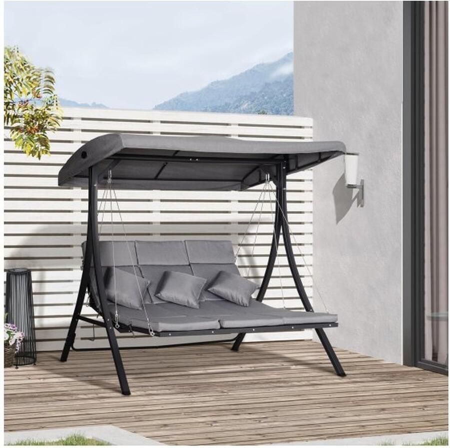 ZAZA Home Hollywood swing grijze 3-zits tuin singing swingbank verstelbaar zonnedak 200 x 115 x 168 cm