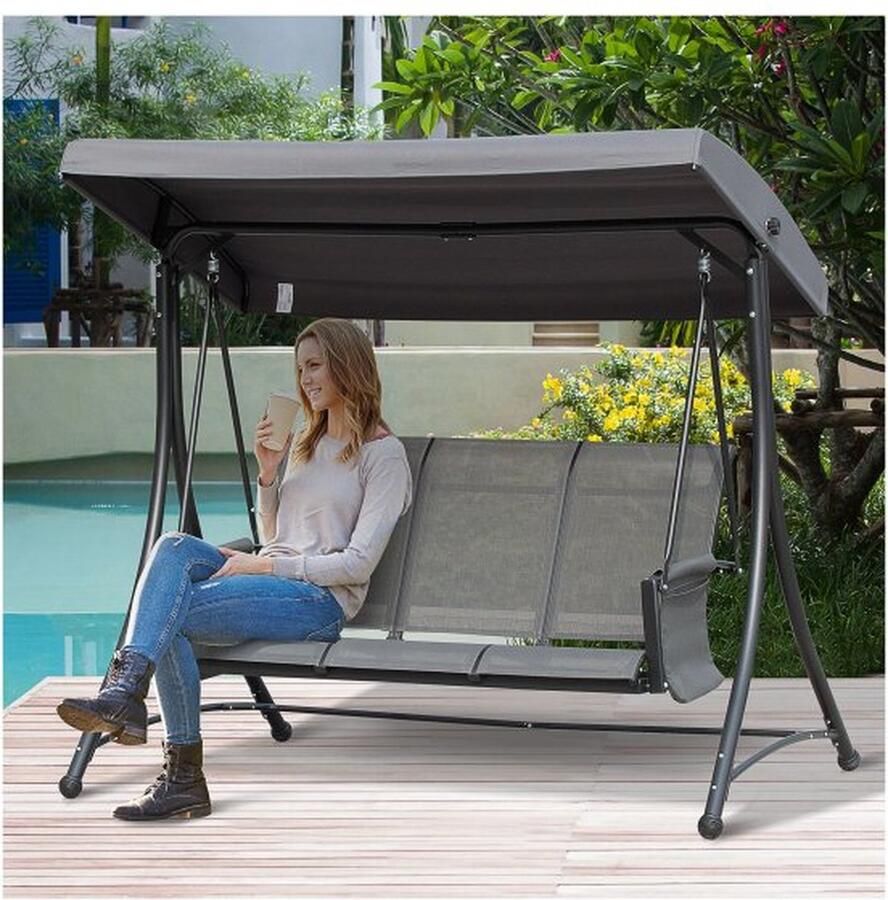 ZAZA Home Hollywood-swing met 3 zitplaatsen tuinzwaai met zonnedak swingbank met plank aluminium grijs 196 x 128 x 172 cm