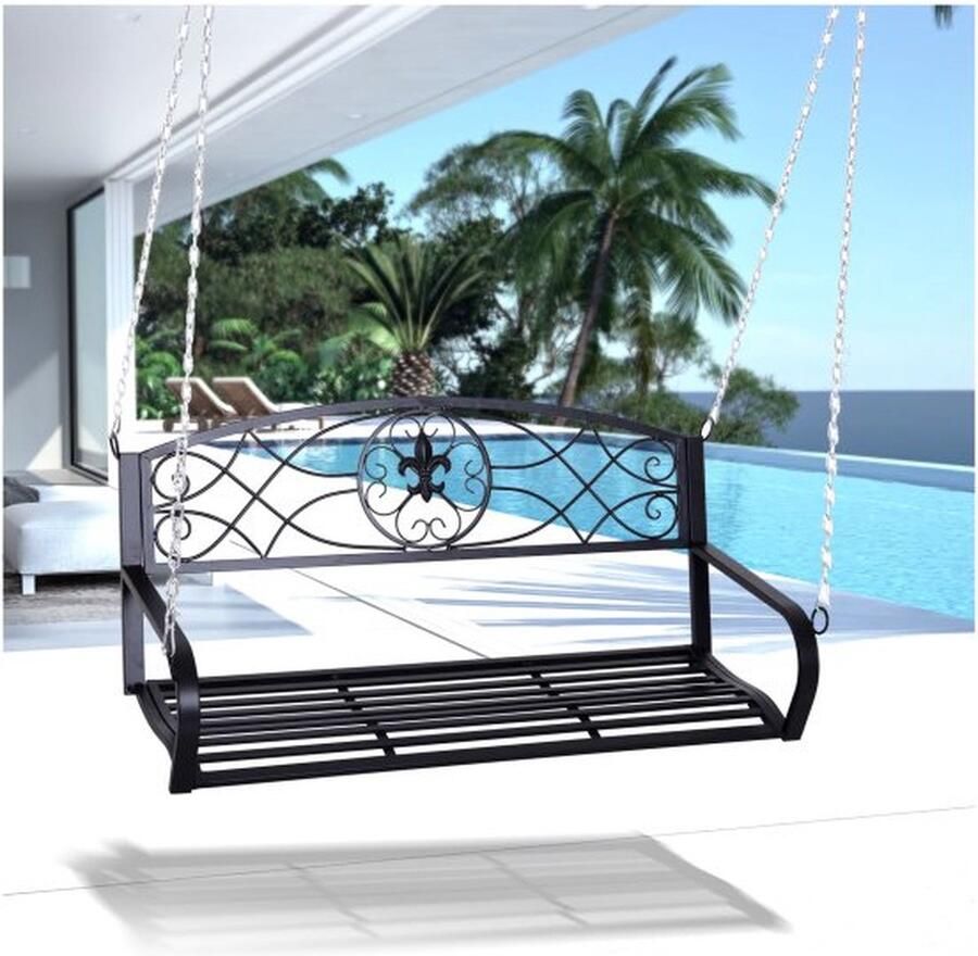 ZAZA Home Hollywood Swing weerbestendige tuin swing hänbank 2-zits schommelbank met ketens metaal zwart 132 x 63 x 58 cm