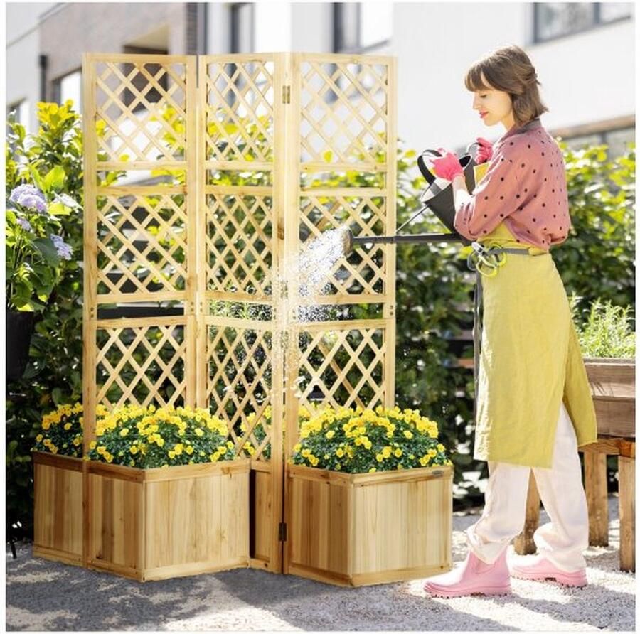 ZAZA Home Verhoogd bed met opvouwbaar latwerk plantkast met privacyscherm 133 x 165 cm kamerverdeler met 4 bloembakken kamerafscheider voor balkon