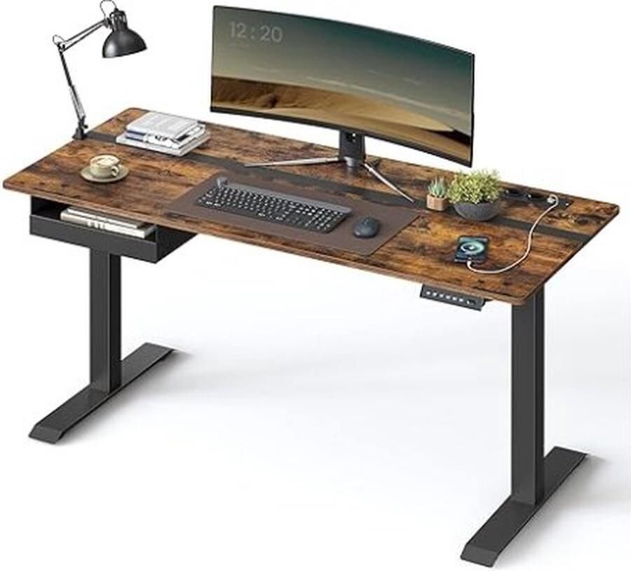 ZAZA Home Hoogte verstelbaar bureau elektrisch bureaublad 60 x 140 cm oneindig verstelbare geheugenfunctie met 4 hoogten vintage bruin-black