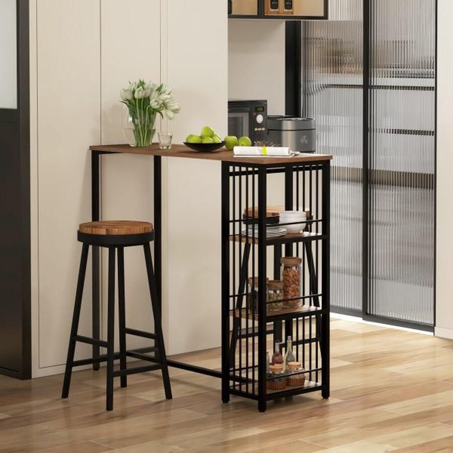 ZAZA Home Houten bartafel met stalen frame bruin 120 x 40 x 105 cm Tresentafel met 3 planken voor bar of keuken