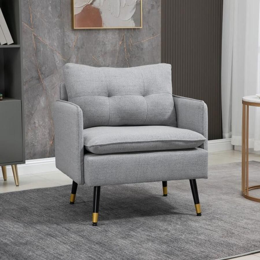 ZAZA Home Individuele fauteuil bekleding fauteuil accentstoel met linnen look lounge stoel met kussen armleuningstoel met stalen benen tot 120 kg