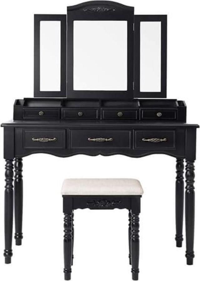 ZAZA Home Kaptafel Met 7 Lades Kaptafel Met Gestoffeerde Kruk 3-Delige İnklapbare Spiegel Met Haak Voor Kettingen 4 Open Vakken 2 Smalle Vakken Voor Borstels Houten Poten Zwart