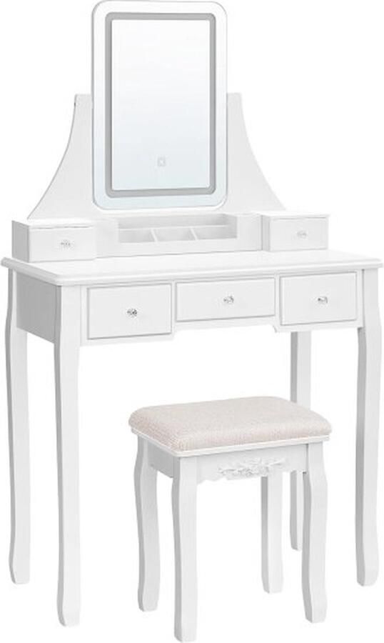 Complete set Kaptafel & Kruk Massief Houten Poten & 5 Lades & Led Verlichting 3 Kleuren Geel Koud Warm wit & Afneembare Organisatie Make-Up Tafel & Spiegel & 5 Laden Kaptafel 80X40X137.5 Kruk 37x28x45 Wit Hoge kwaliteit MDF- Cosmetica-tafel - Foto 2