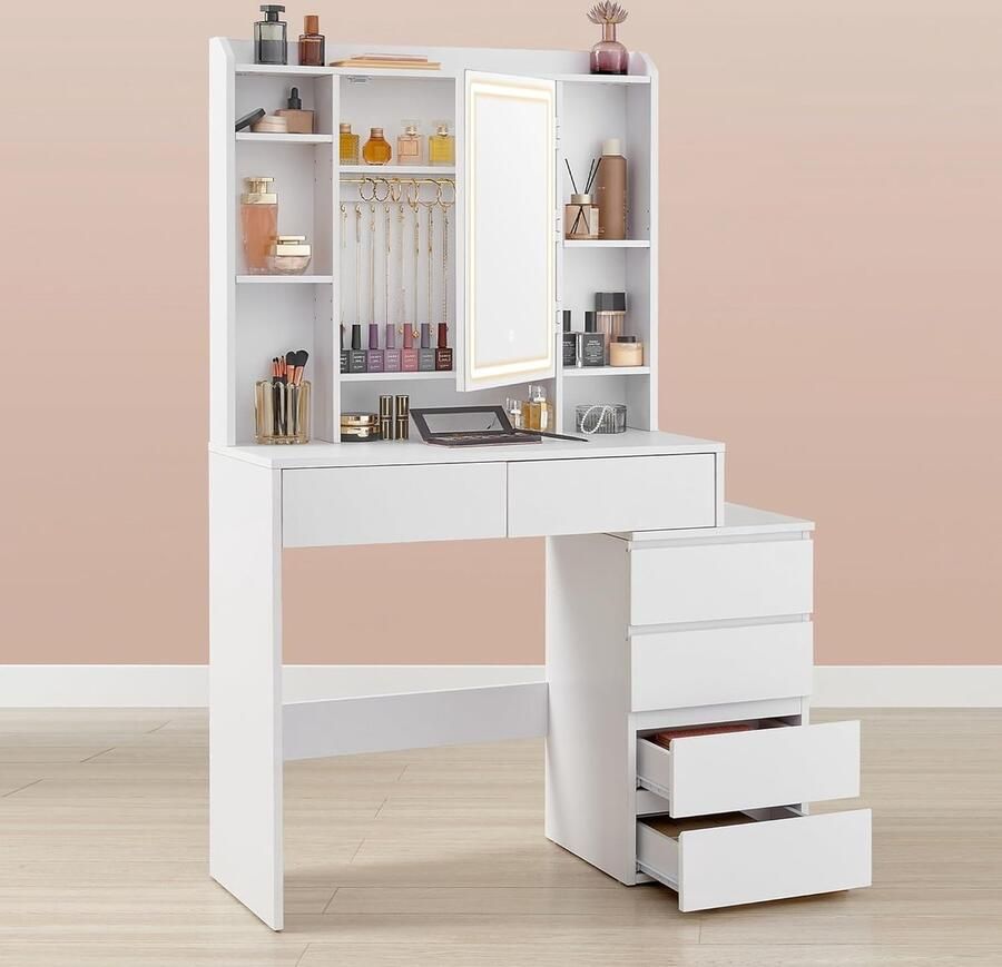 ZAZA Home Kaptafel met LED-verlichting en Spiegel – Make-up Tafel met Laden en Kruk – Modern Wit