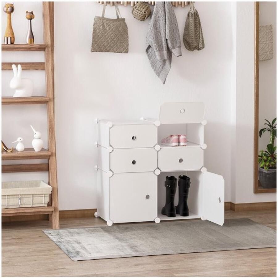 ZAZA Home Schoenkast plank met opbergdozen kledingkast plastic staal wit 75 x 37 x 73 cm