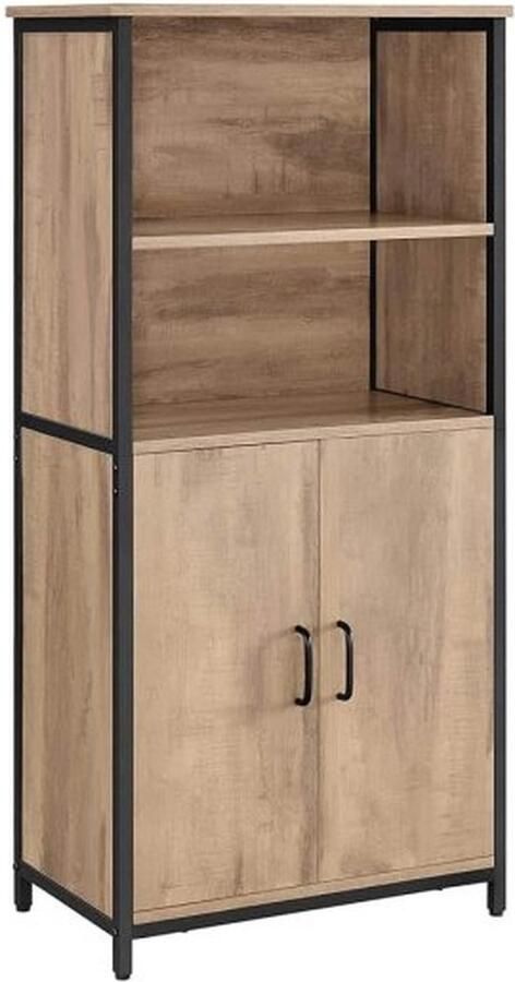 ZAZA Home Keukenkast boekenkast 2 open vakken kast met verstelbare planken boekenkast met deuren stalen frame voor woonkamer keuken werkkamer eikenbruin-zwart