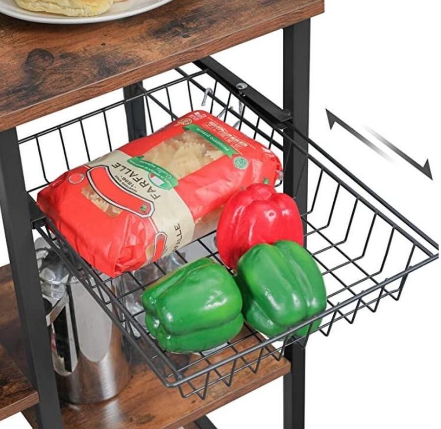 ZaZa Home & Office Zaza Home keukenplank staande plank met metalen mand bakkerijplank met 6 S-haken en planken magnetronplank kruidenrek voor potten en pannen industrieel ontwerp vintage bruin-zwart KKS35X