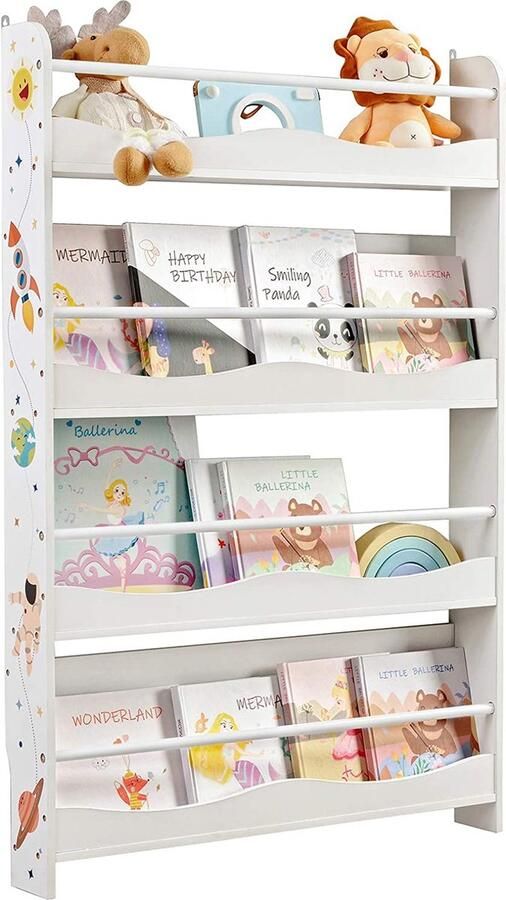 Songmics boekenplank voor kinderen wandplank boekenorganizer met 4 planken voor kinderkamers speelkamers scholen ruimtebesparend wit GKR050W01