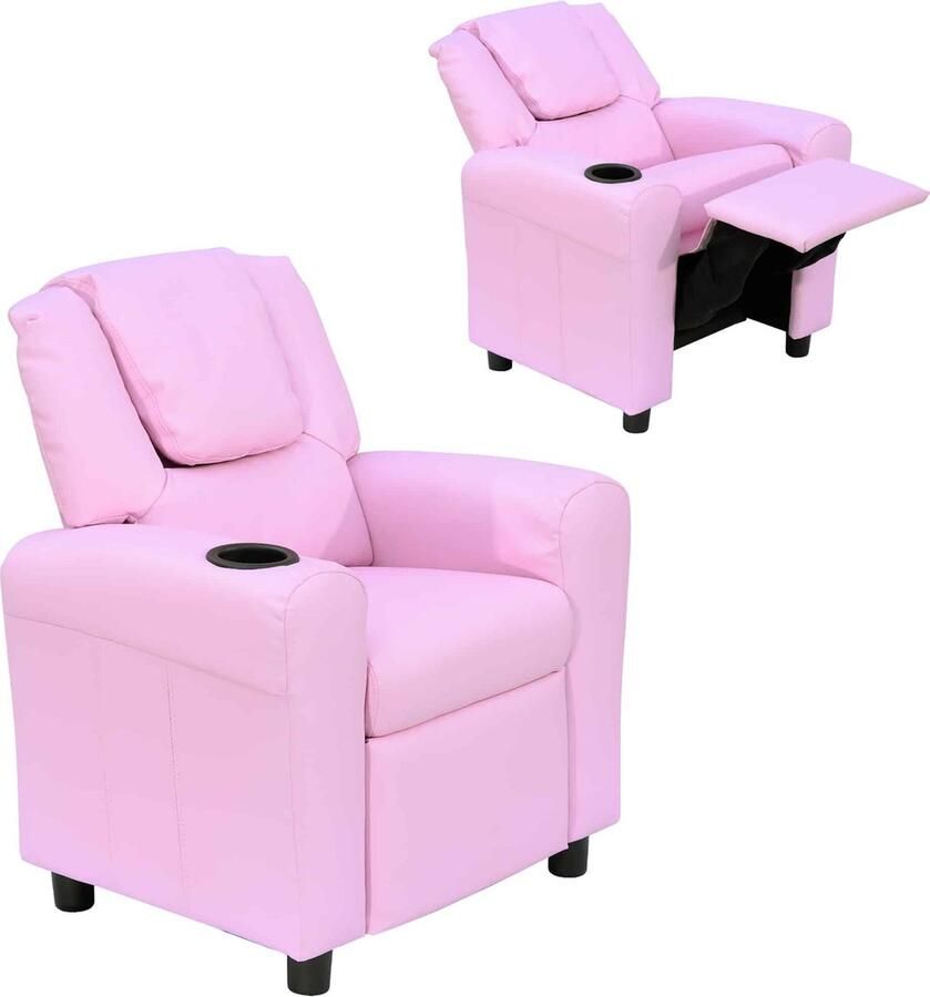 ZAZA Home Kinderfauteuil Mini-Fauteuil Kinderbank Voor 3-6 Jaar Ligfunctie Ä°ngebouwde Bekerhouder Roze 62 X 56 X 69 Cm