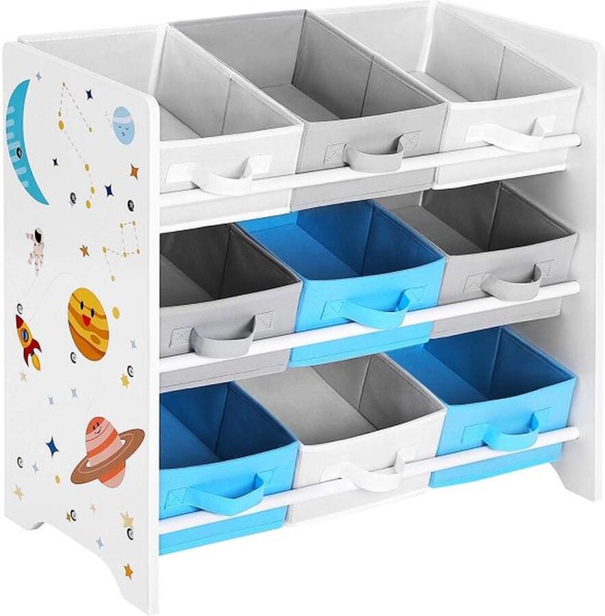 ZAZA Home Kinderkamerplank Speelgoed Organizer Boekenkast Voor Kinderen Met 9 Opbergdozen Van Fleece Kinderkamer School Kleuterschool 62 5 X 29 5 X 60 Cm Ruimtemotieven Wit