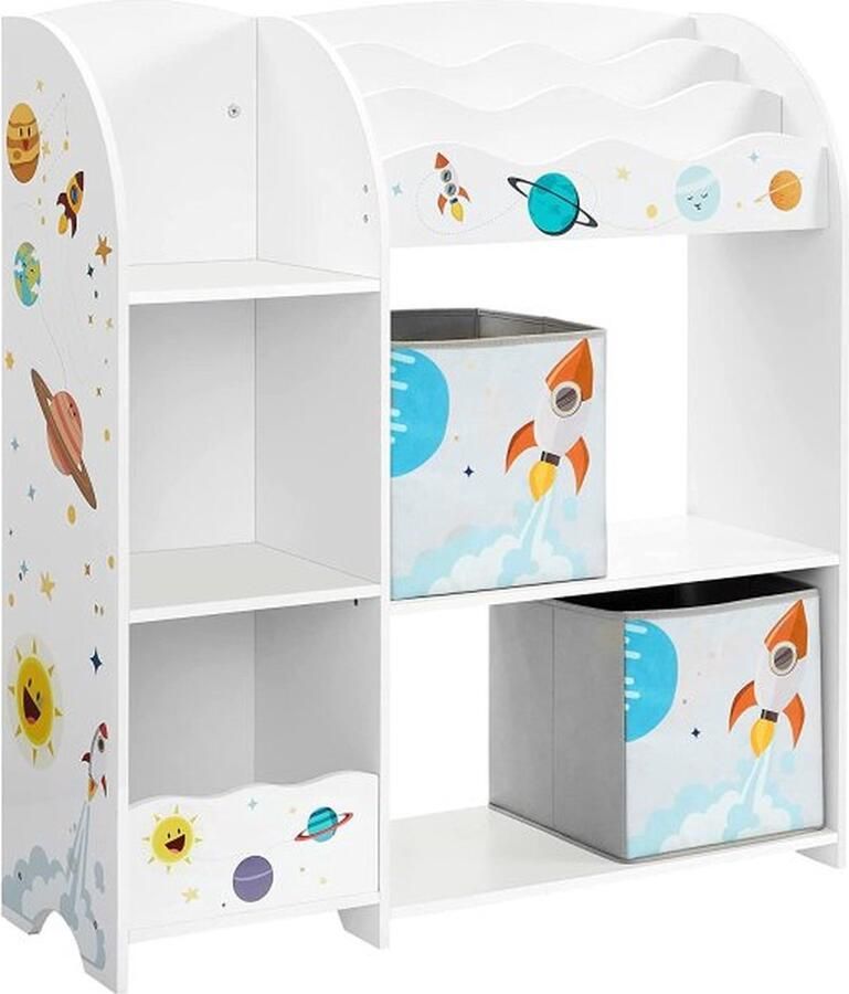 ZAZA Home Kinderkamerplank Speelgoed Organizer Boekenkast Voor Kinderen Multifunctionele Plank Met 2 Opbergboxen Stickers Met Ruimtemotieven Kinderkamer Slaapkamer Wit